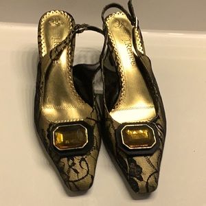 Vintage J. Renee’s gold Black Lace Heel, Size Nine Shoes